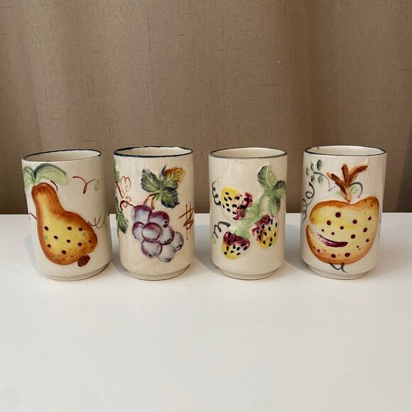 Vintage Hand Painted Fruit‎ Juice Cocktail Cups Set of 4 Ceramic 3.5" - Picture 1 of 6